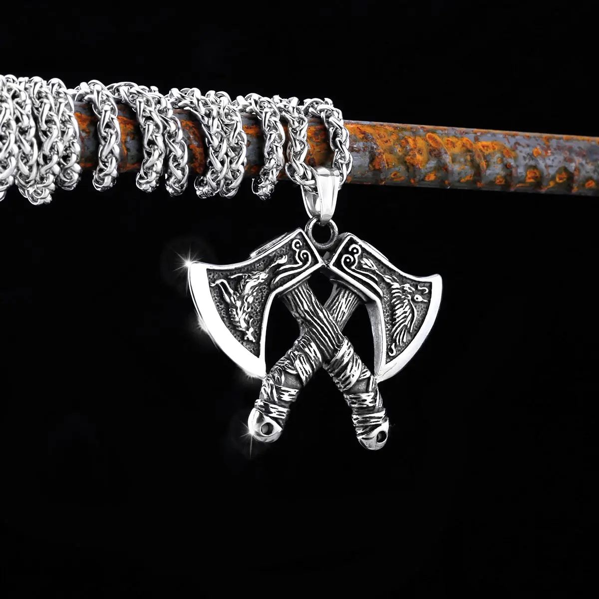 

Vintage Viking Axe New in Necklace Stainless Steel Nordic Odin Crow Wolf Viking Pendant Necklace Men Fashion Amulet Jewelry Gift