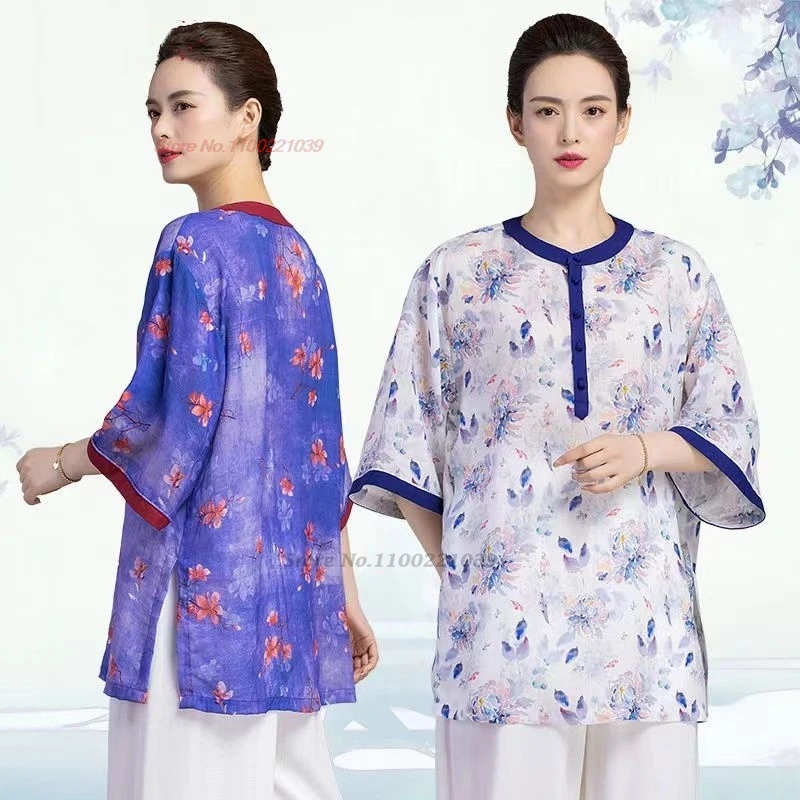 2024 chinese tai chi uniform wushu morning exercise flower print cotton linen kungfu training exercise practice outdoor walking