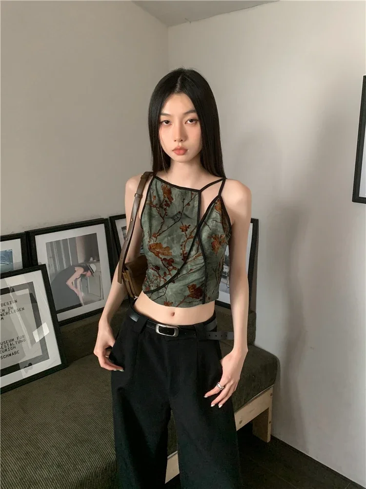 Flocking Floral Crop Cami Top For Women Sleeveless Flower Green Tops Designer Clothes