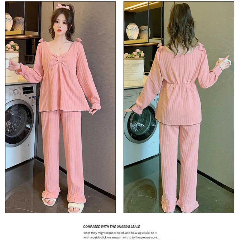 M-5XL PLUS ขนาดฤดูใบไม้ผลิฤดูใบไม้ร่วงชุดนอนชุดสตรีผ้าฝ้ายแขนยาว 2 ชิ้นชุด Elegance Bra ฟรีหลวม Homewear ชุด