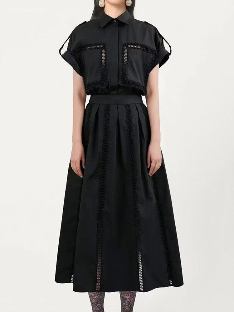 

2025 Summer women's lapel epaulette applique pocket straight shirt two-piece set + elastic waist patchwork lace loose skirt set