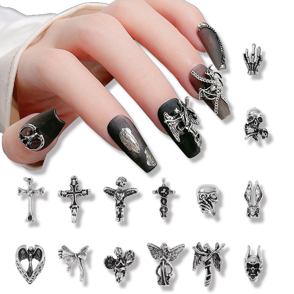 

50-панк-ангел, крест, череп и другие случайные смешанные украшения для ногтей, металлические украшения для ногтей y2k своими руками, европейские готические блестки для ногтей