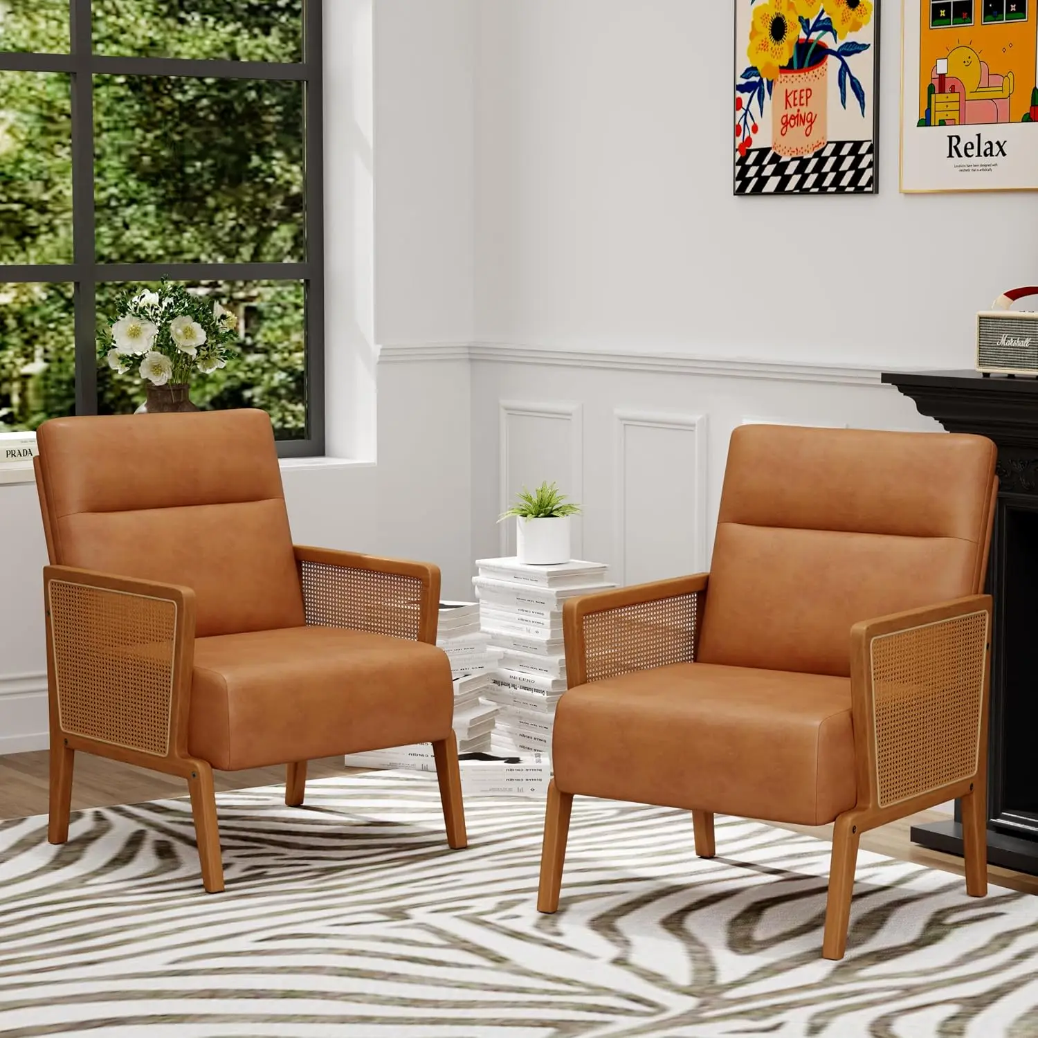 Brown Accent Chair Set of 2 Upholstered Faux Leather & Rattan Arm Chair for Living Room Bedroom Club, Customized