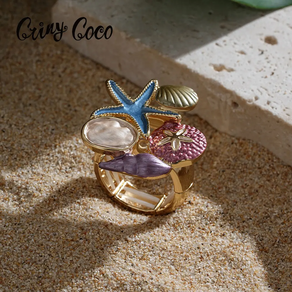 Cring Coco Ocean Series Rings Finger Woman Summer Beach Holiday Fashion Starfish Shell Coral Shape Ring Jewelry for Women Mum