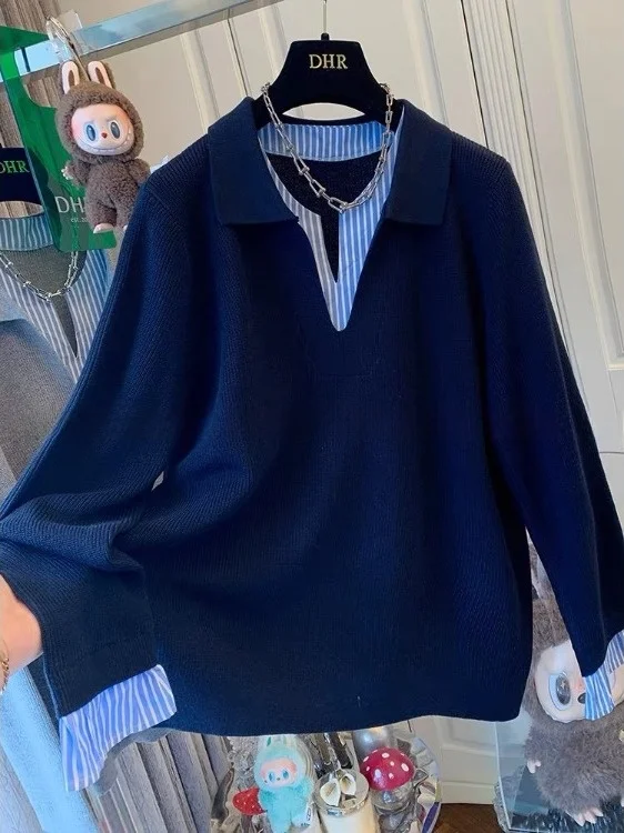 

Unique Briti Sle Striped Loose Knitted irt Women's Autumn Top Fake Two-Piece Design Long Sve Collar Regular Fit