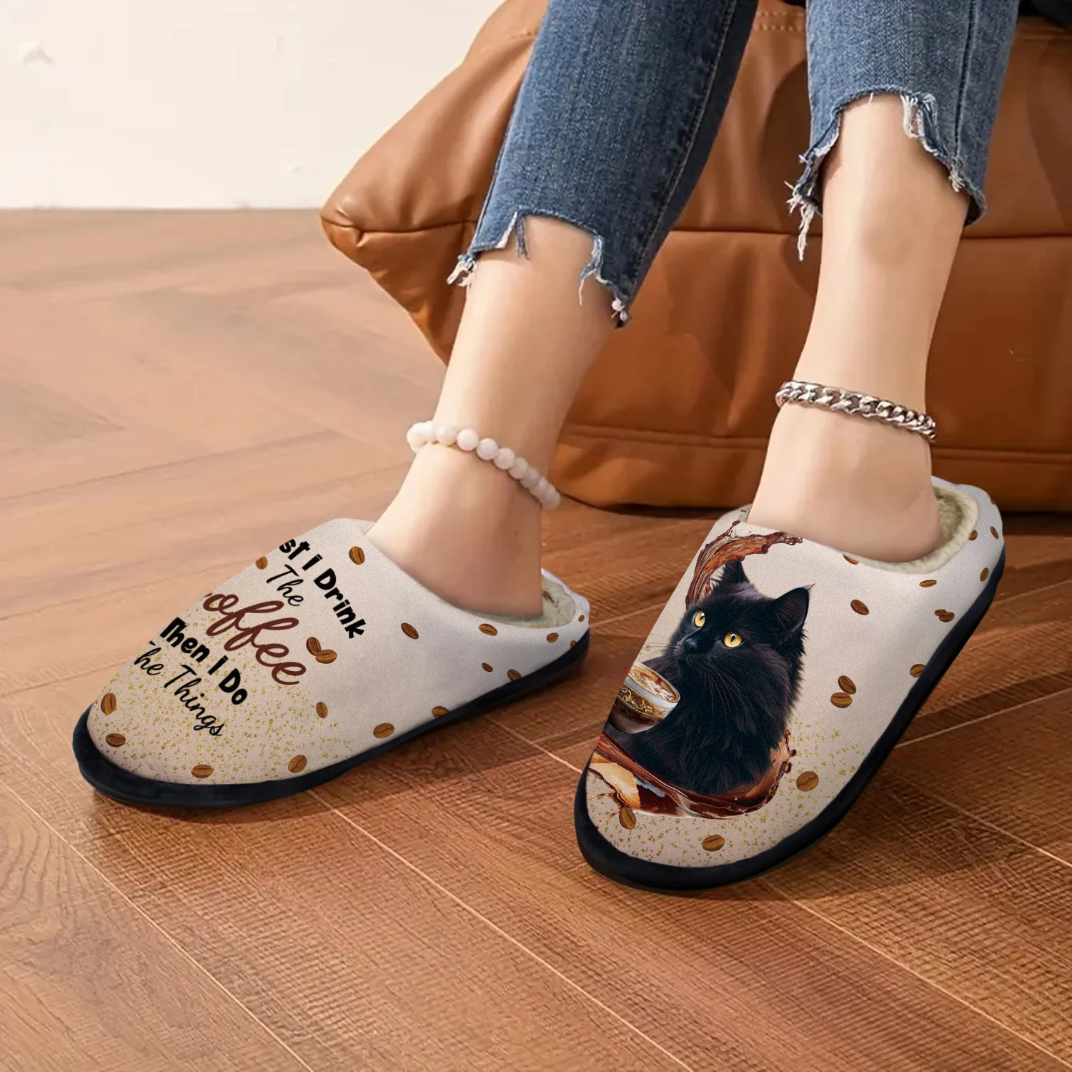 

"First I Drink The Coffee Then I Do The Things" Cat Gifts For Animal Lover, Indoor/Outdoor Slippers, Soft Memory Foam Slippers