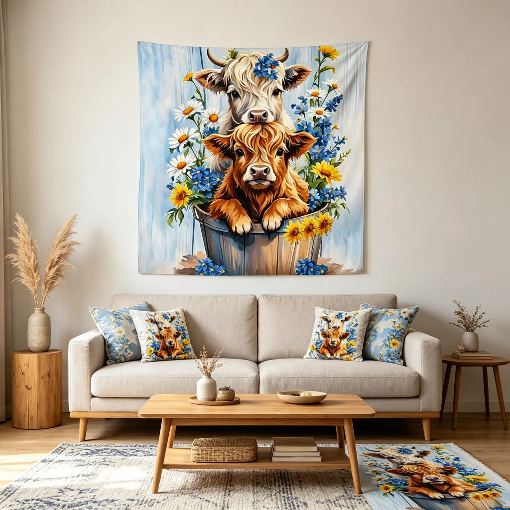 1PC Highland Cow Art Print Backdrop Banner, Bedroom Living Room Photo Background, Polyester, Home Decor, Wall Art