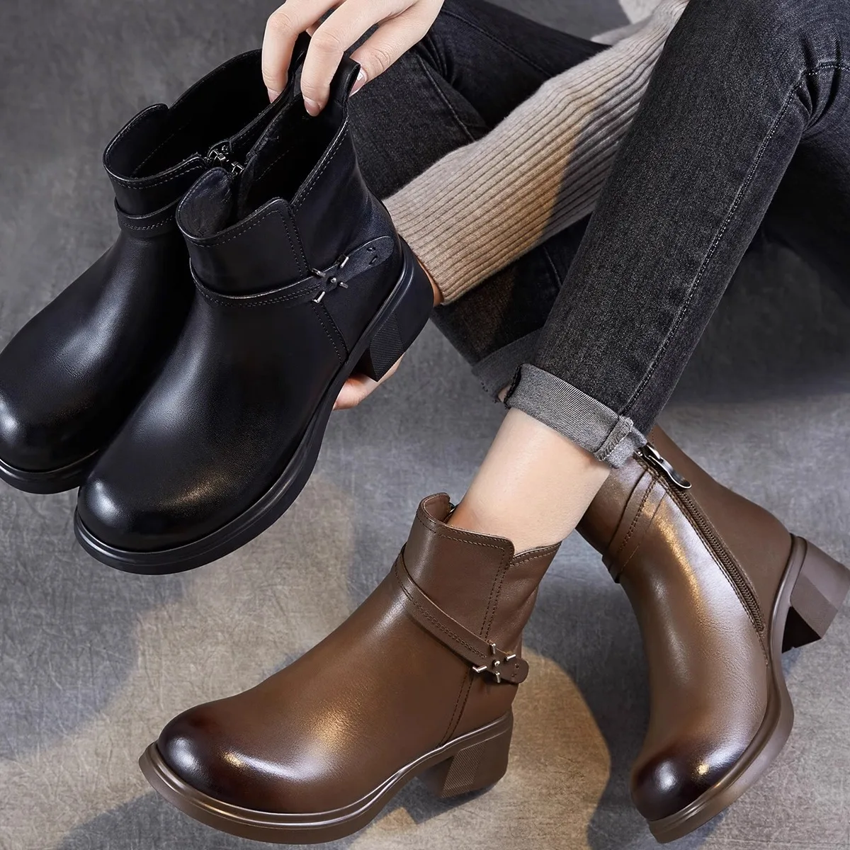 Genuine Leather  Boots Women's Casual Commuter Boots High Top round Toe mid Heel Rubber Outsole All Season Booties