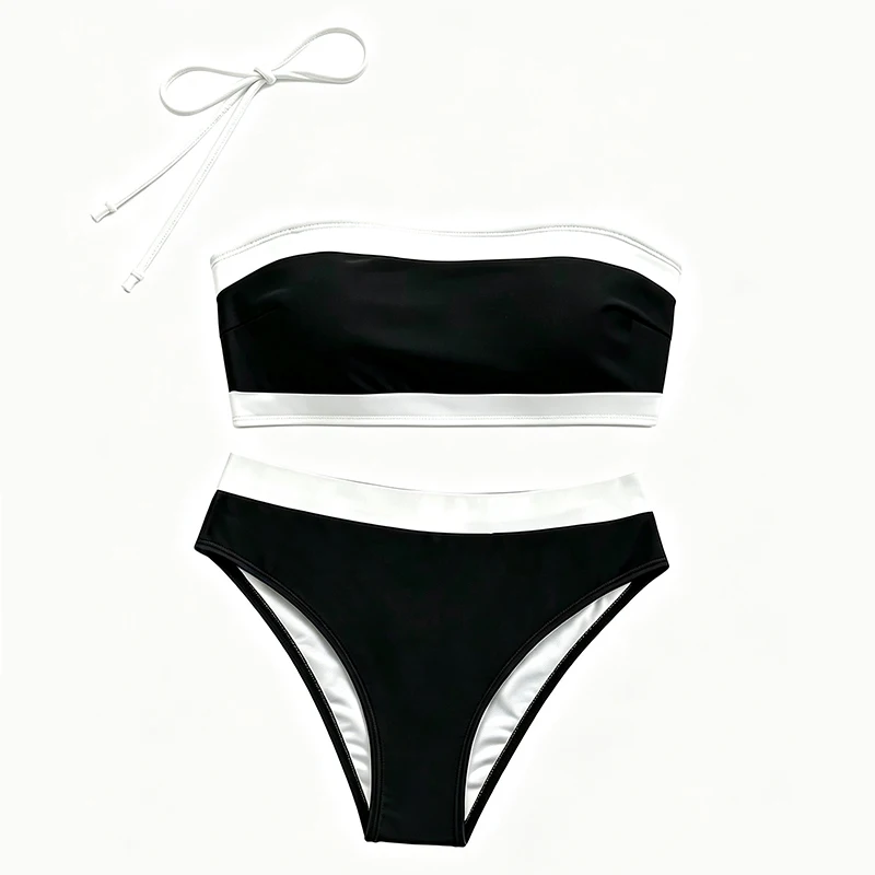 Sexy Bandeau Micro Bikini 2026 Women White Black Contrast Push Up Bra High Waist Swimsuit Summer Bathing Suit Two Piece Swimwear