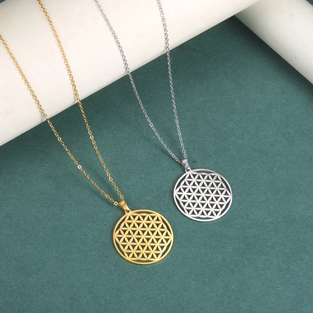 Teamer Vintage Flower of Life Stainless Steel Necklace for Women Viking Round Pendant Long Neck Chain Wicca Amulet Jewelry Gifts