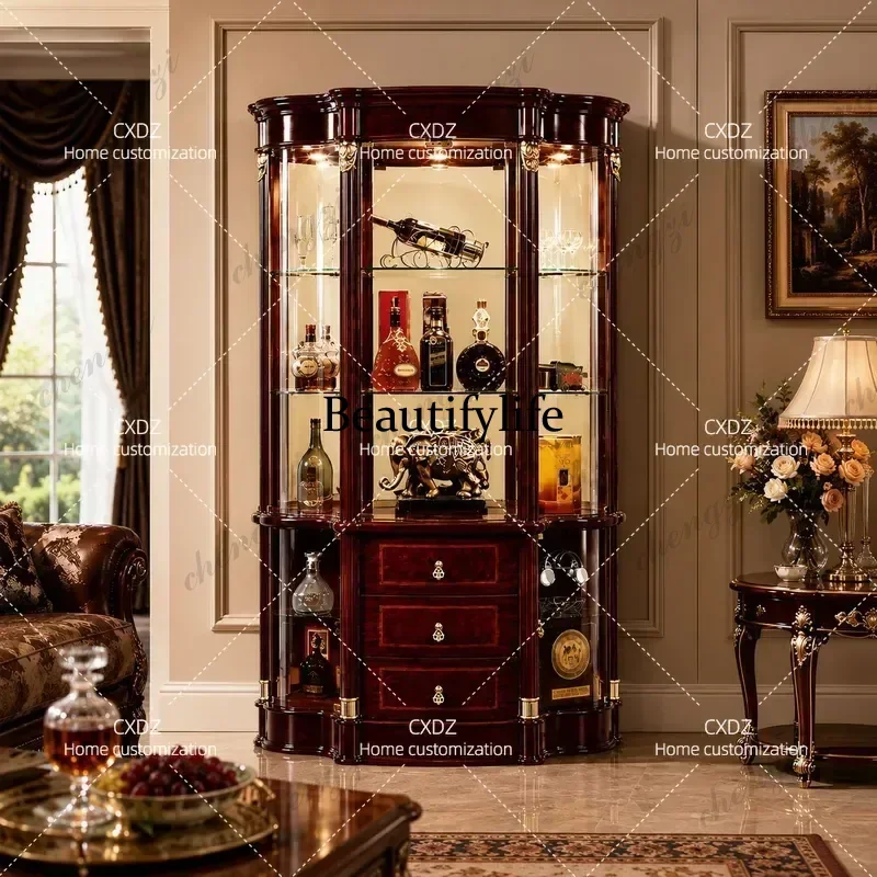 French antique glass wine cabinet, villa living room display cabinet against the wall, home decoration storage cabinet