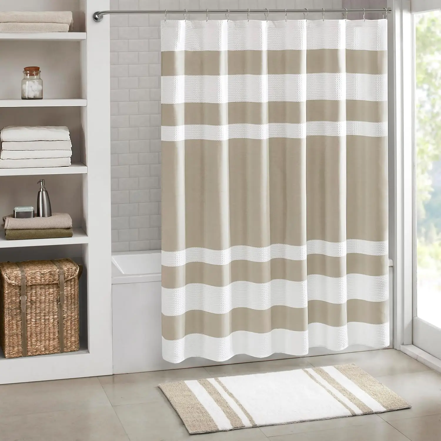 

Waffle Weave Striped Shower Curtain with Moisture Management, Premium Spa Quality, 72x72 Taupe for Modern Bathroom