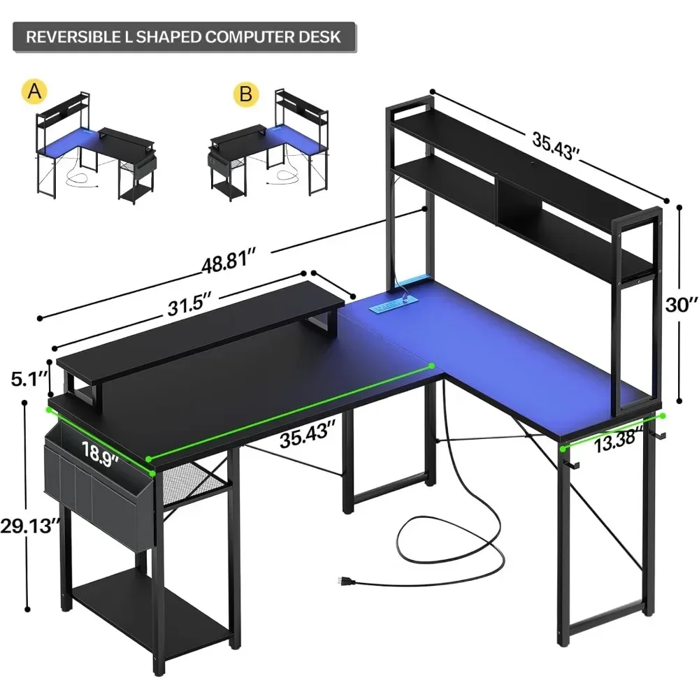 Small L Shaped Gaming Desk with LED Lights & Power Outlets, Reversible L-Shaped Computer