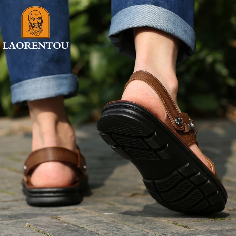 Laorentou Leather Male Sandals Casual Beach Shoes Wear Non-Slip Sandals and Slippers Cowhide