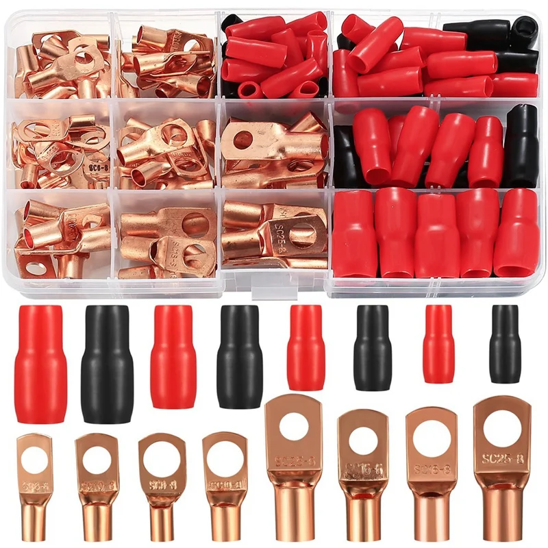 Tube Cable Lug Set 120 Pieces Pipe Cable Lugs Set Bolt Hole Tinned Copper Terminals, Crimp Connector, Cable Lug Set