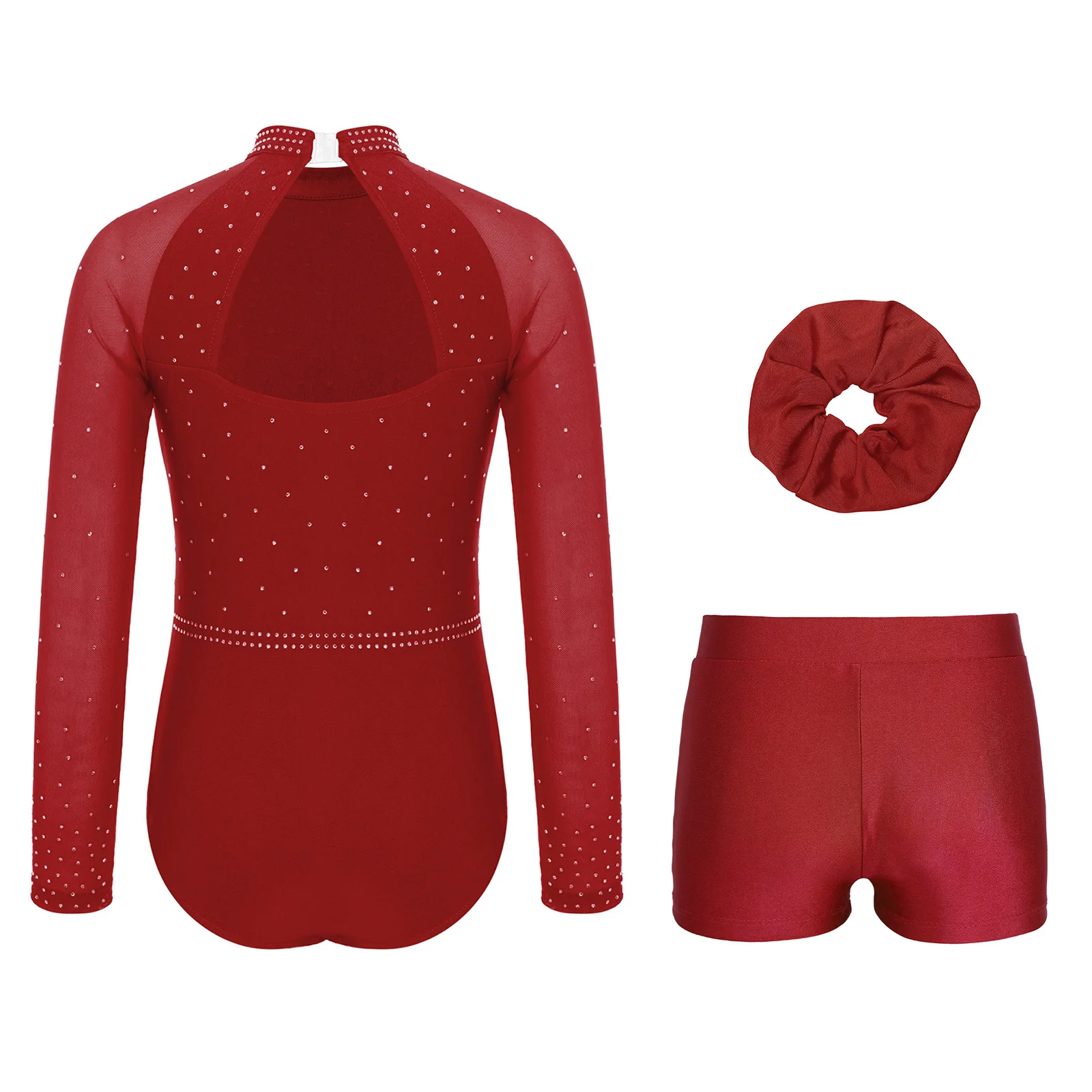 3 조각 어린이 소녀 체조 발레 댄스 복장 쉬어 메쉬 긴 소매 크로스 프론트 컷 아웃 백 레오타드 + 반바지 + 헤어 밴드 세트