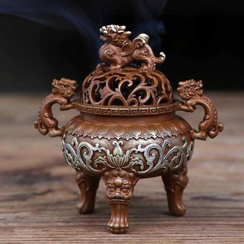 Small Sandalwood Stove Three Legged Double Ear Alloy Home Indoor Living Room Bedroom Tea Ceremony Craft Decor Incense Burner 1Pc