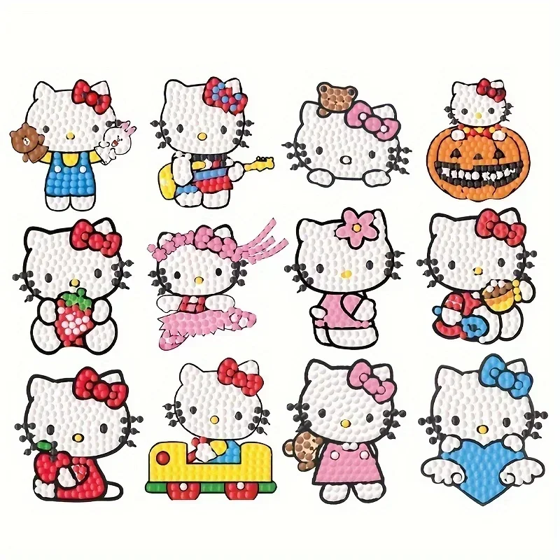 12 pçs crianças sanrio kuromi cinnamoroll pintura diamante adesivo conjunto 5d diy tema dos desenhos animados adesivo kit de desenho de acordo com os números