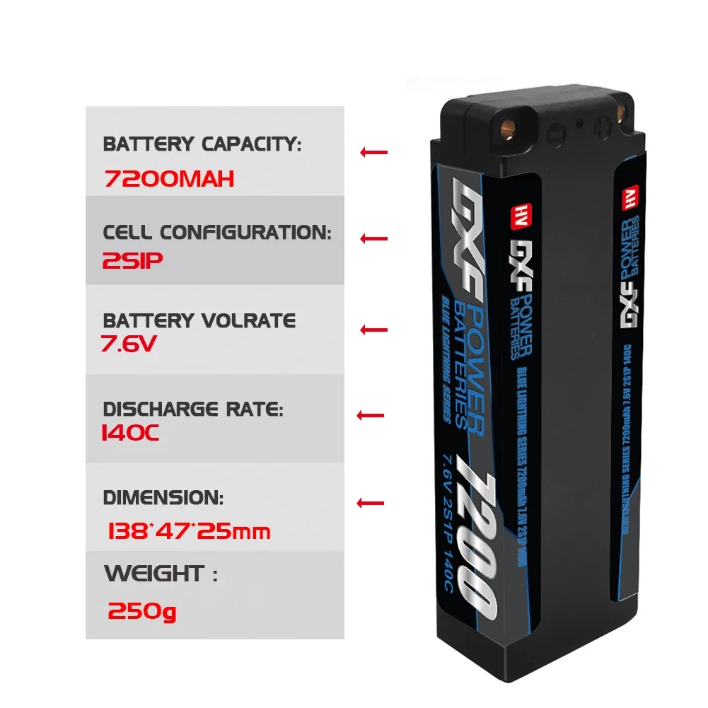 DXF 2S 7.6V 5mm Bullet Graphene 9200mah 8000mah 7200mah 8400mah 10000mah Lipo Battery Competition Short-Pack for RC 1/10 Car