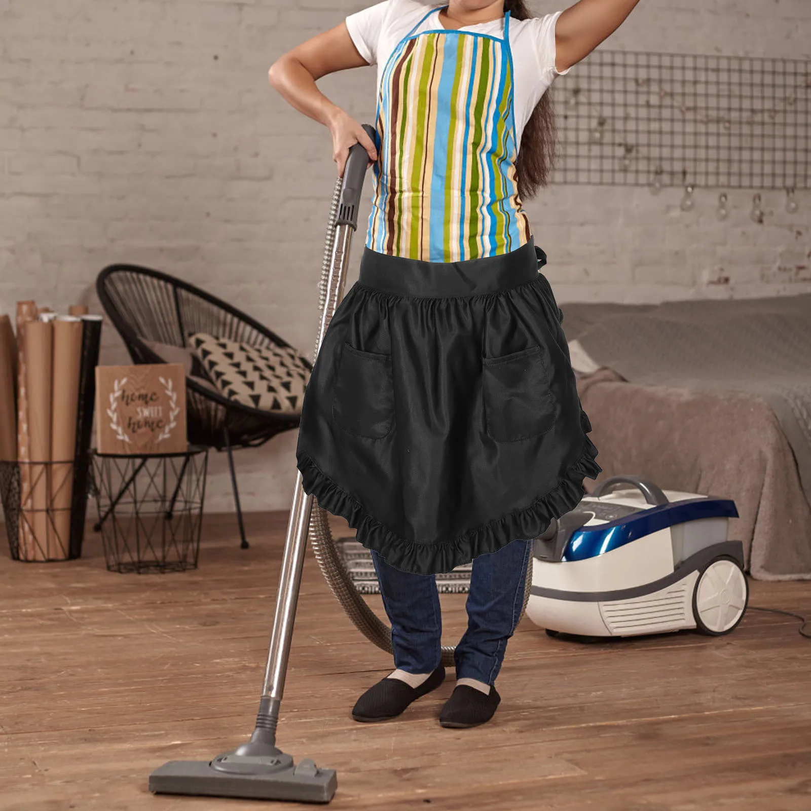 

Black Women's Half Waist Apron Maid Costume Double Pockets Kitchen Cooking Server Waitress Restaurant Garden Apron