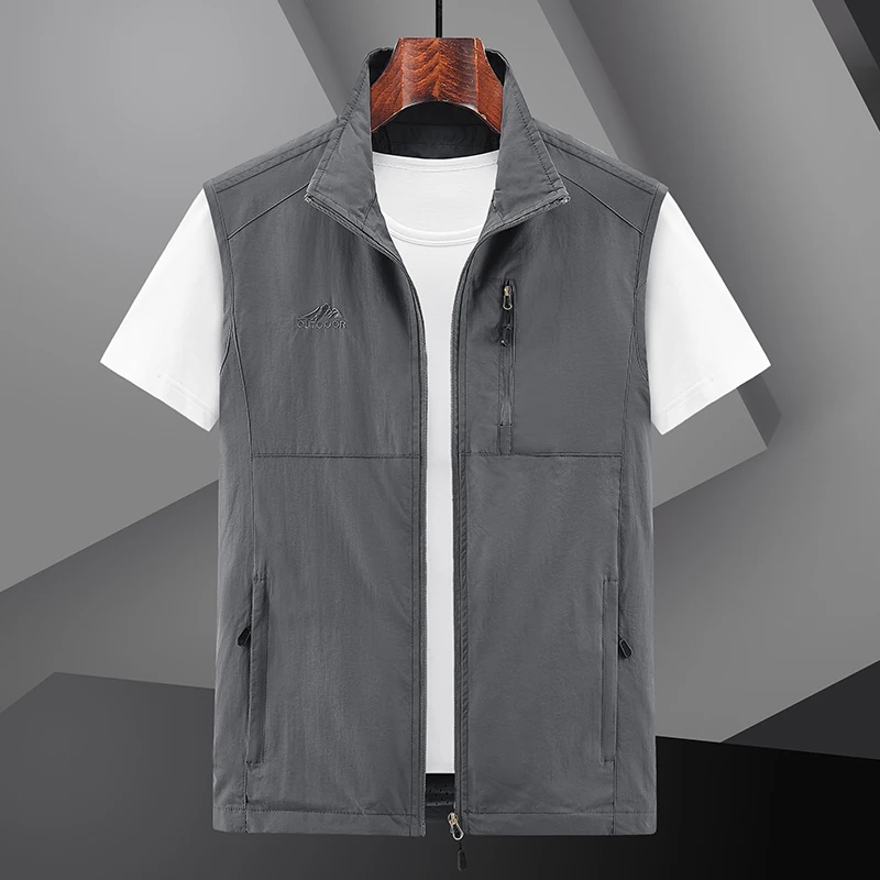 Summer Men's Vest New Solid Color Thin Breathable Outdoor Mountaineering Stand up Collar Coat Men Quick Drying Sleeveless Jacket