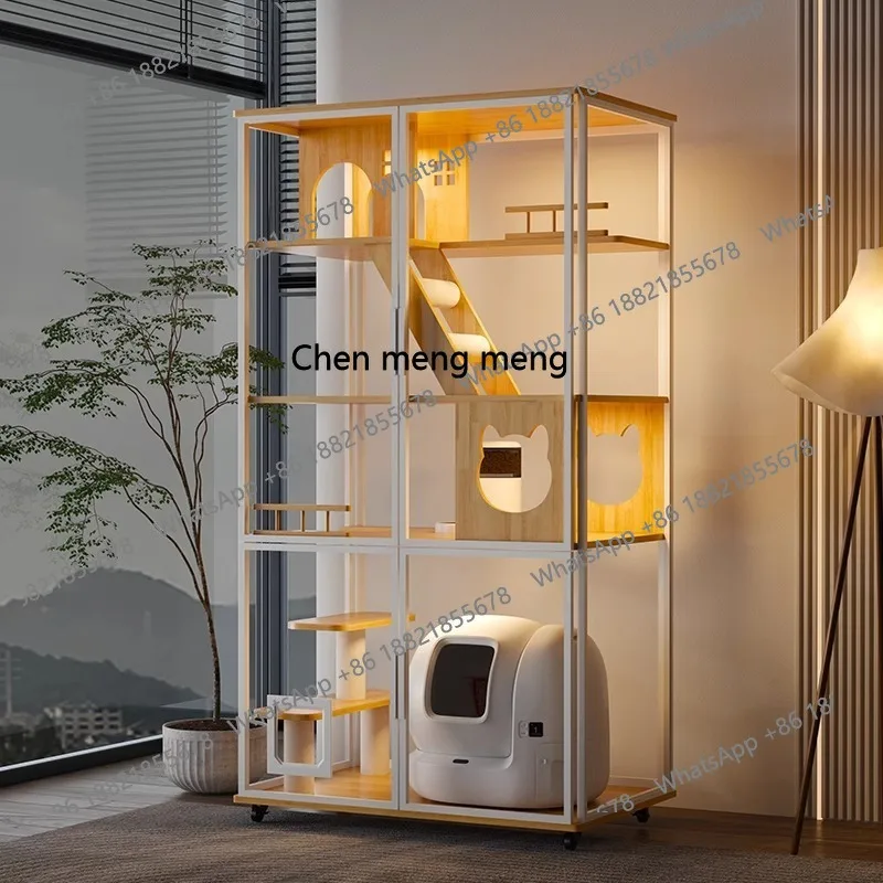 

X Panoramic cat cage, free space, villa can put cat litter box, solid wood glass cat house