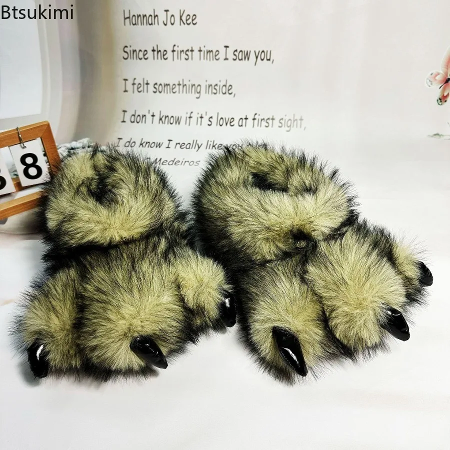 Winter Warm Soled Men's Women's Slippers Funny Animals Tigers Dinosaur Claws Plush Slippers Creative Cartoon Home Cotton Slipper