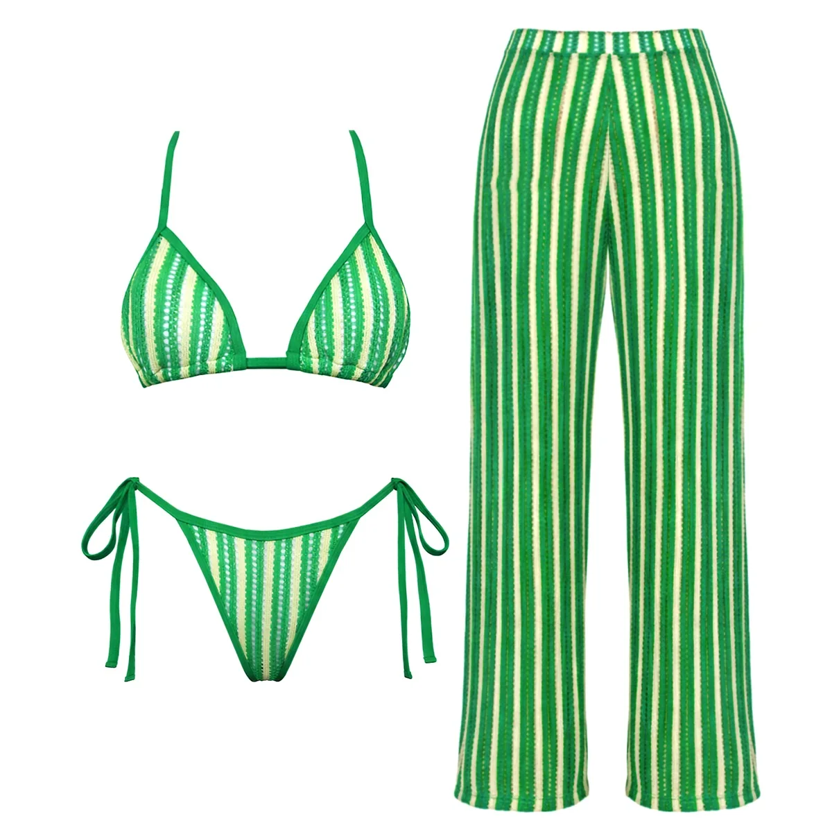 

Комплект бикини из 3 предметов, связанное крючком, 2026, сексуальный женский купальник, полосатый, с длинными брюками-накидкой, пляжная одежда, бандо-бикини
