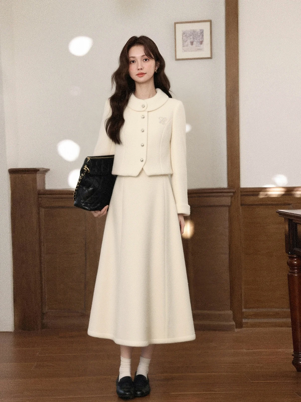 New Autumn Winter High End Women's Matching Set Fashion Pearl Button O-neck Long Sleeve Coat + A-line Midi Skirt Elegant Suit
