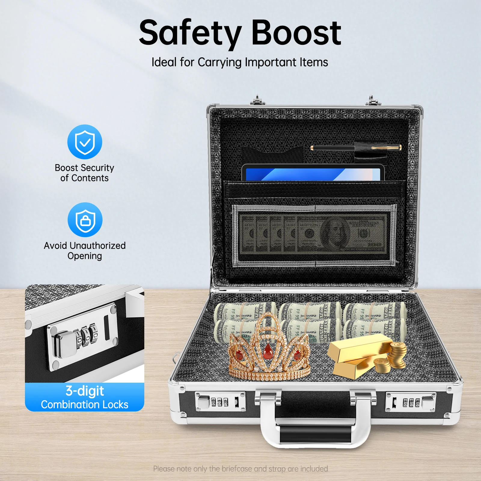 حقيبة ألومنيوم قفل حقيبة أمان صلبة مع أقفال مجمعة مزدوجة حقائب للرجال والنساء الأعمال