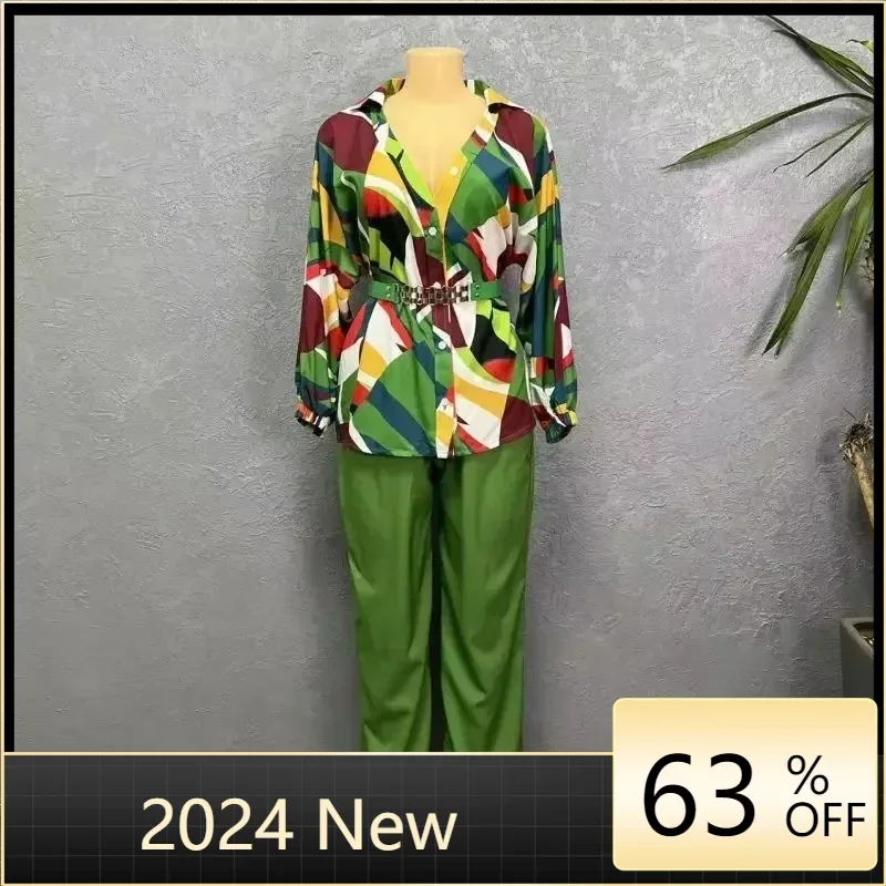 African Clothes for Women Summer Elegant African Women Long Sleeve Printing 2pieces Set Shirt Long Pant Matching Sets Outfits