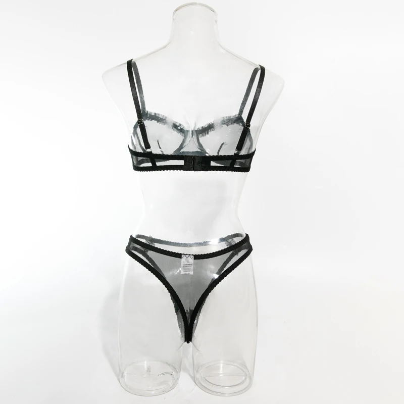 Bikini mesh see-through sexy ruffled lace underwire push-up bra swimsuit set