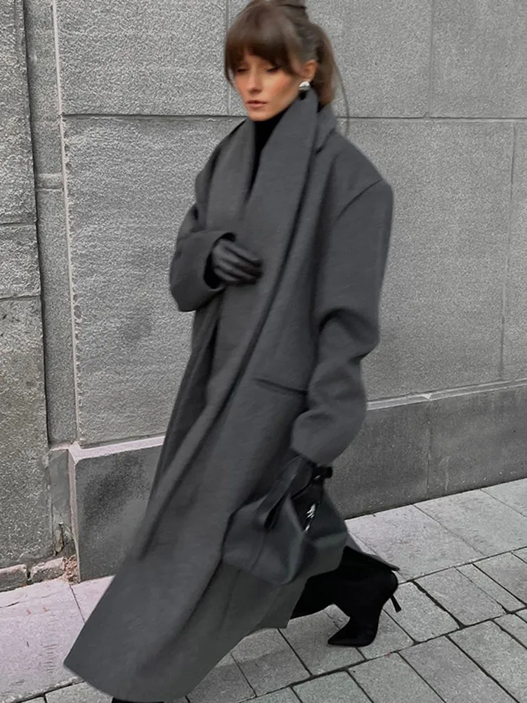 2024 Solid Color Chic Scarf Collar Woolen Overcoat Women\'s Elegant Pockets Single Breasted Jackets New Female Oversized Outwear