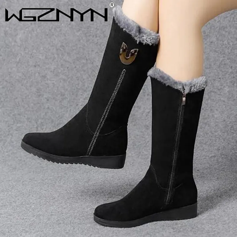 Women's Cotton Boots Winter Luxury Snow Boots Plush Midsole Wedges Anti Slip Warm Side Zipper Anti Cold Cotton Boots Botas Mujer