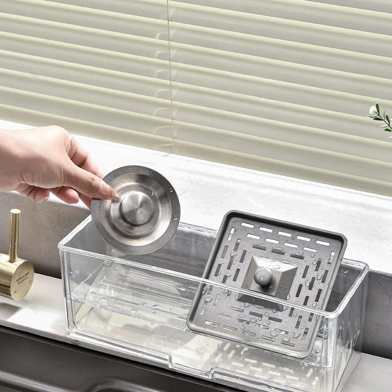 رف تخزين المطبخ، الحوض، رف قماش غسيل الأطباق، رف تخزين منظف غسيل الأطباق على سطح الطاولة، رف تصريف إسفنجي للصنبور