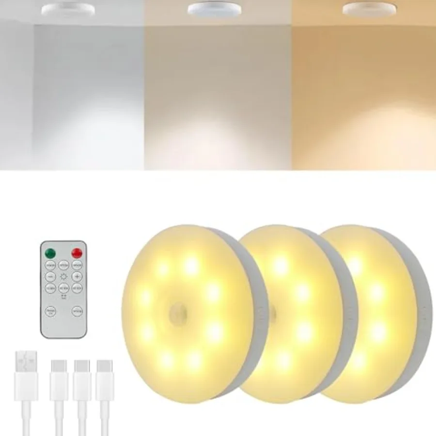 

LED Puck Lights with Remote, 3 Color Under Cabinet Puck Lights, USB Rechargeable Under Counter Lamp, Wireless Motion Sensor Lig