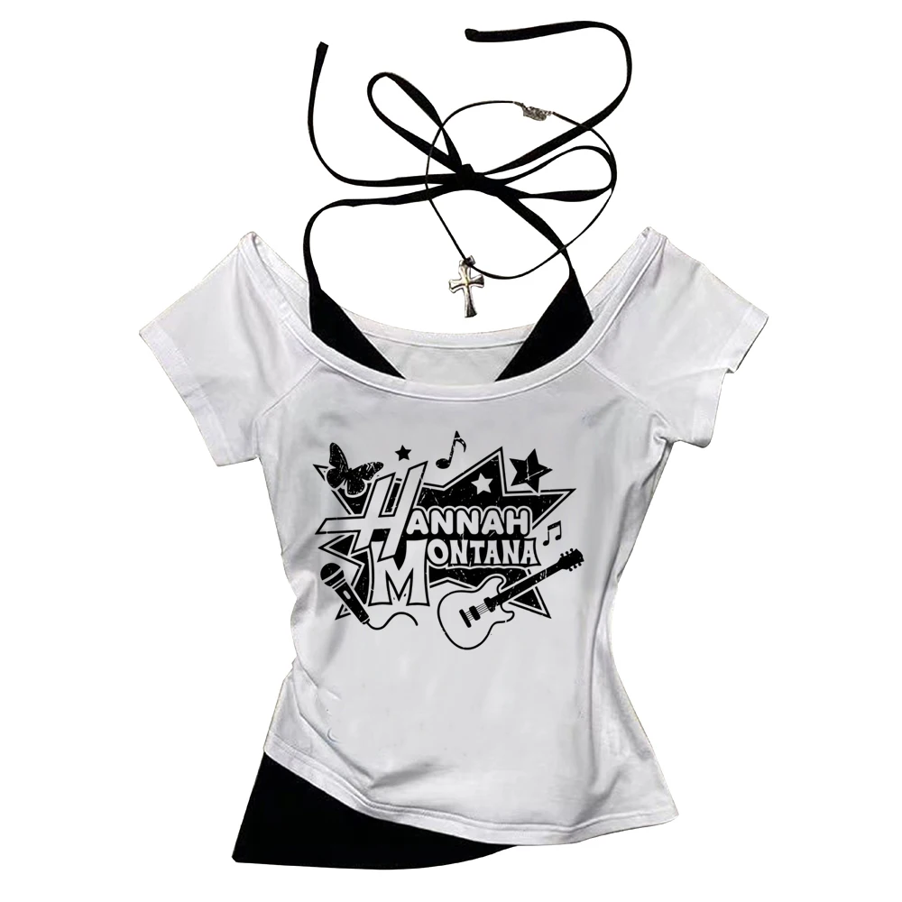 Hannah Montana cropped top women japan gothic japanese t shirt 2000s party korean fashion gyaru