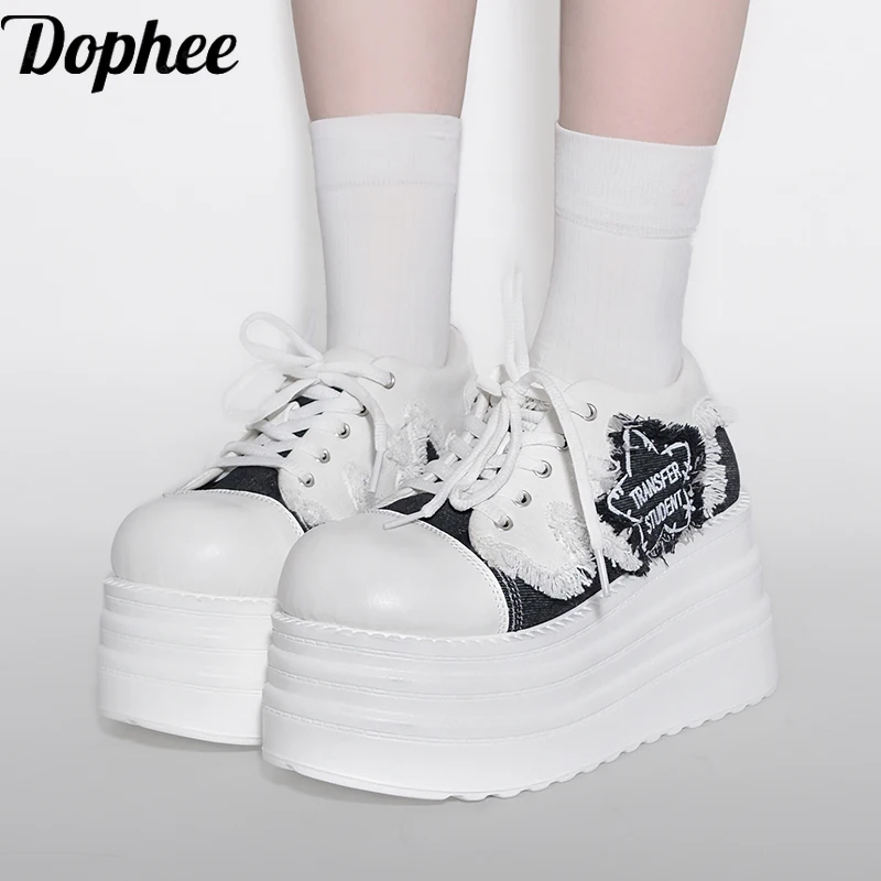 

Dophee Original Rock Subculture Denim Thick Bottomed Canvas Shoes Women Vintage Round Toe Platform Shoes High-heeled Pumps