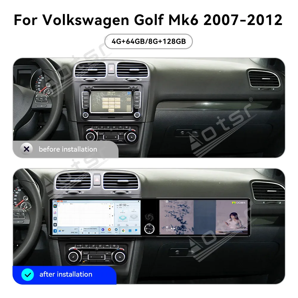 

12.3" Dual Screen For Volkswagen Golf Mk6 2007-2012 Car Android 13.0 Carplay GPS Navigation Multimedia Player Stereo Head Unit