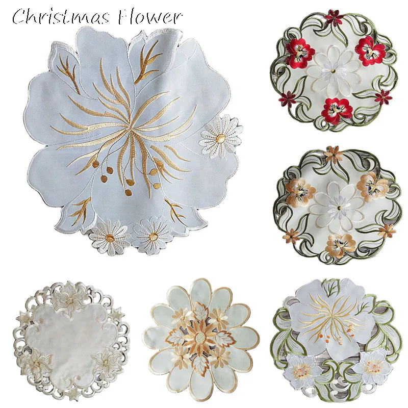 HOT Round Embroidery table place mat Christmas flower Cloth dining placemat coaster kitchen Table decoration and accessories