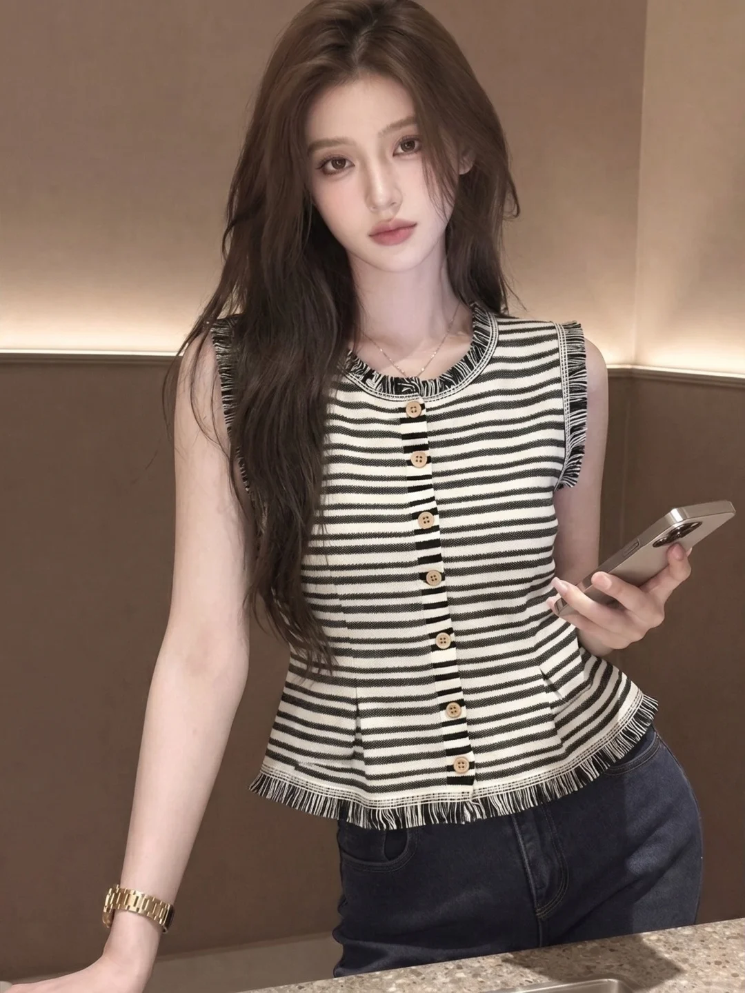 

Korean Style Stripe Tassel Design Sleeveless Knitted Ice Silk Lightweight Summer Top for Women Straight Cut Summer Essential
