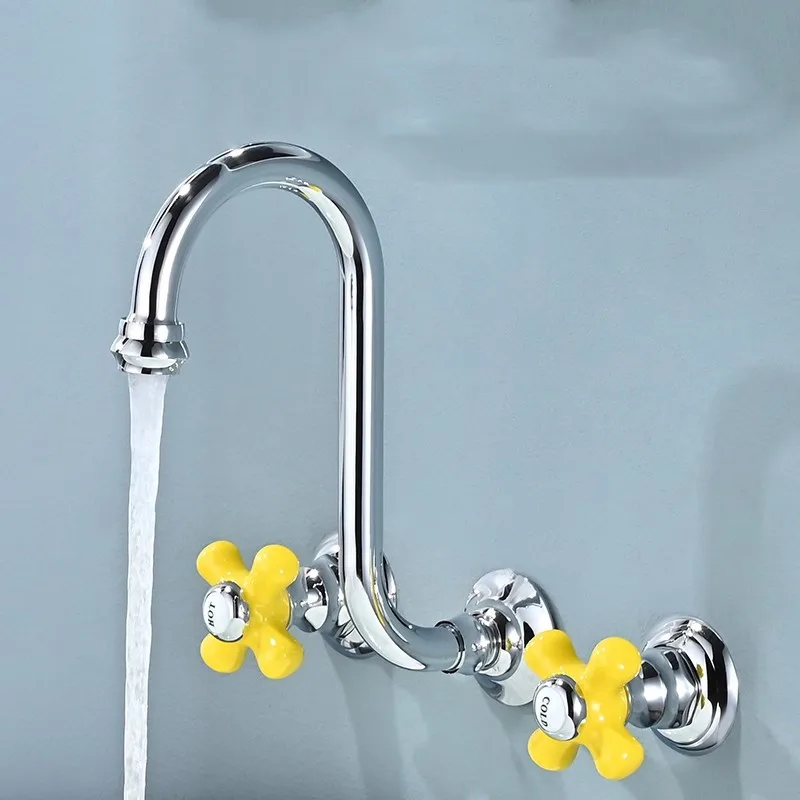 

New Wall Mounted Bathroom Basin Faucet Classical Lavatory Mixer Tap Brass Three Hole Sink tap Ceramic Handle Sink Faucet Gold