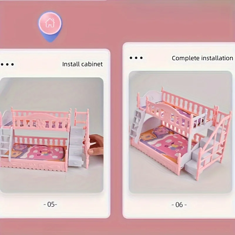Charmant ensemble de jouets de lit superposé de style européen – Combinaison de meubles en plastique colorés, adapté aux jeux de rôle, décoration de la maison et