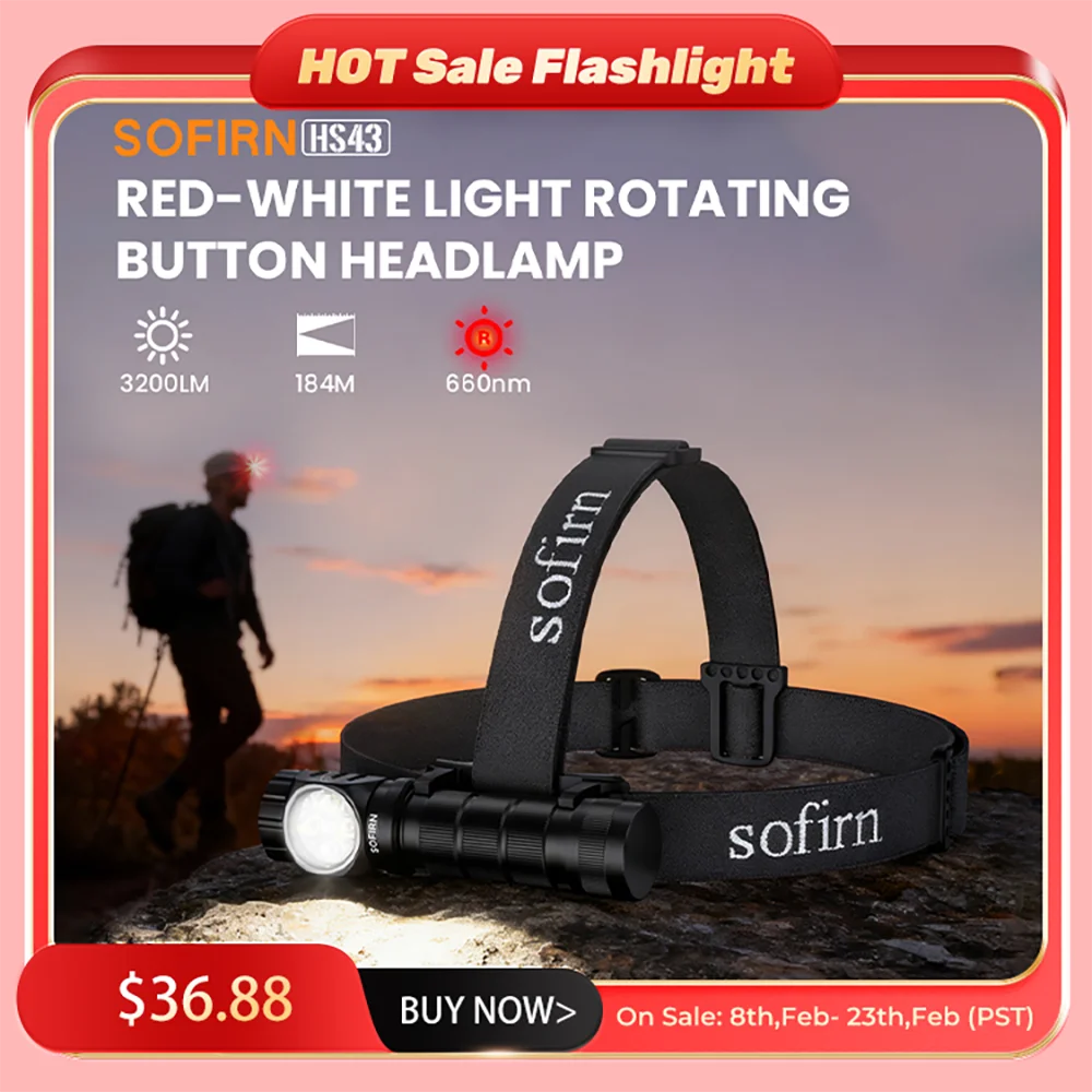 Налобный фонарь SOFIRN HS43, 3200 люмен, красный/белый точечный/прожектор 21700, перезаряжаемый USB-C фонарик, быстросъемное крепление