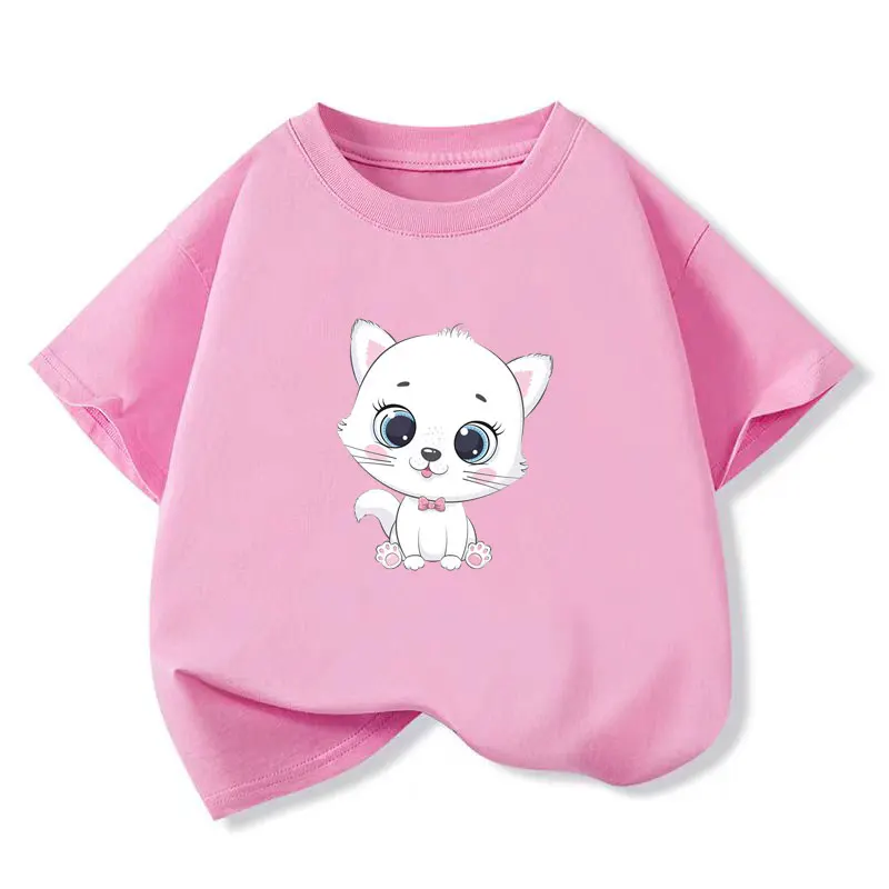 T-shirt simpatico gatto per ragazze T-shirt per bambini in cotone Casual Abbigliamento casual per bambini Adolescente Neonata Cartoon Y2K Top 6 8 10 12 anni