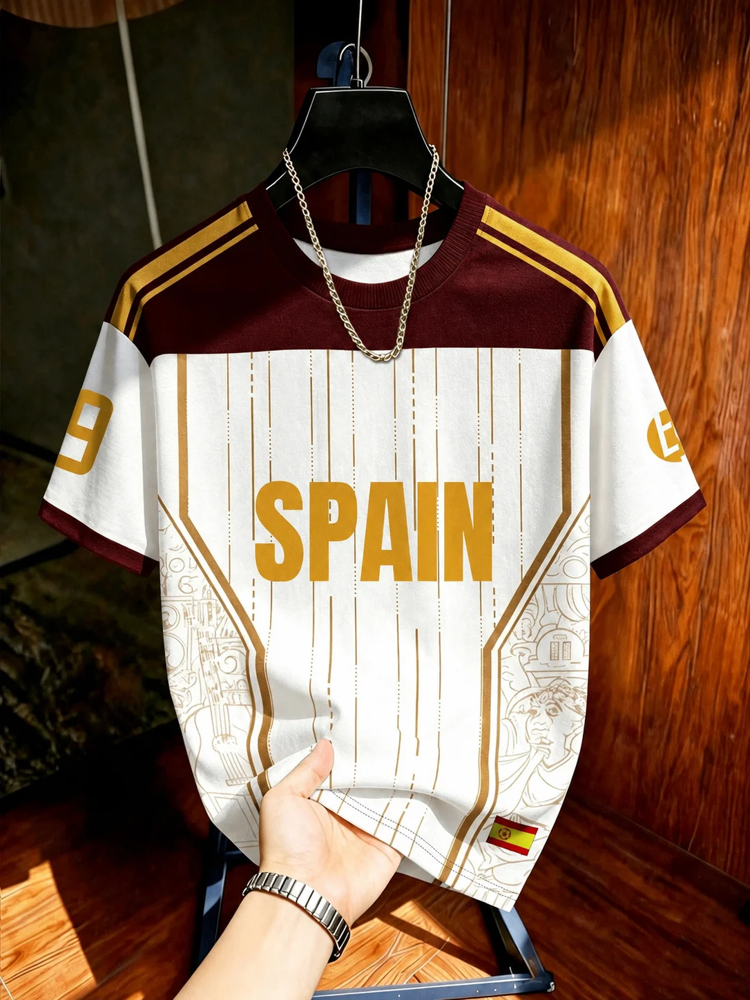 Men's Spain  T-Shirt Number 19 Maroon White Gold Striped Football Jersey Short Sleeve Casual Sports Top