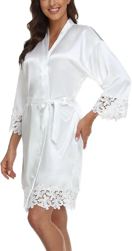Womens Short Satin Robe Lace Trim Silk Kimono Sleepwear Bridesmaid Robes for Bride Wedding Party Nightgown