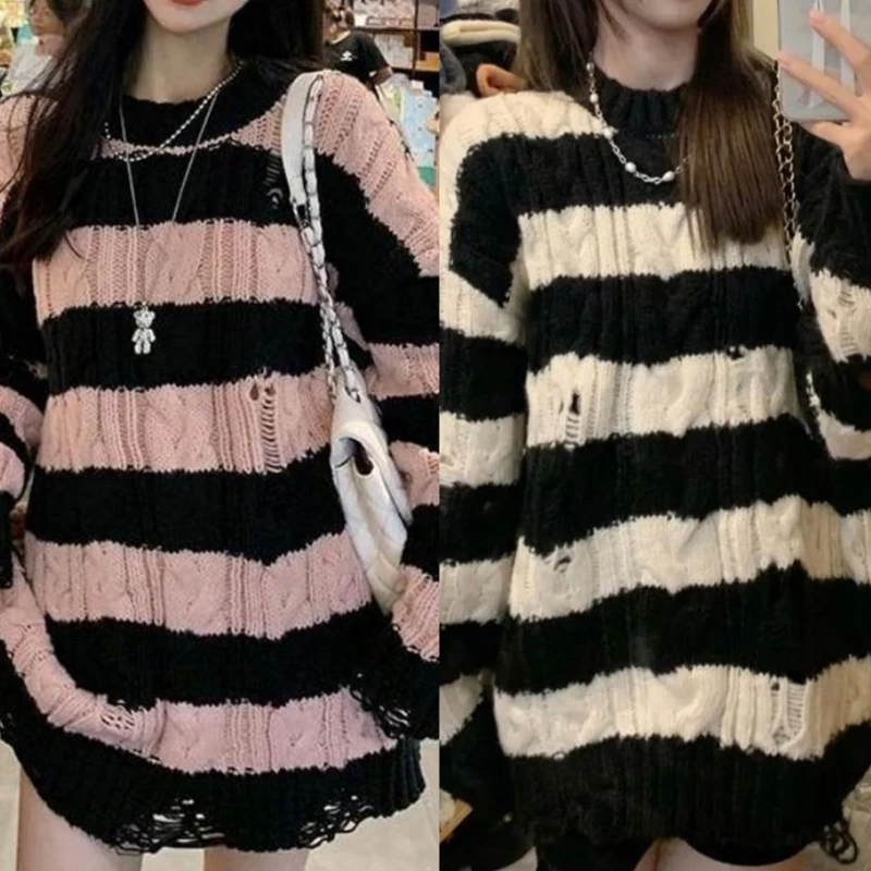 Abito maglione a righe lavorato a maglia a trecce con strappato o collo a tunica maglione allentato Top Dropship