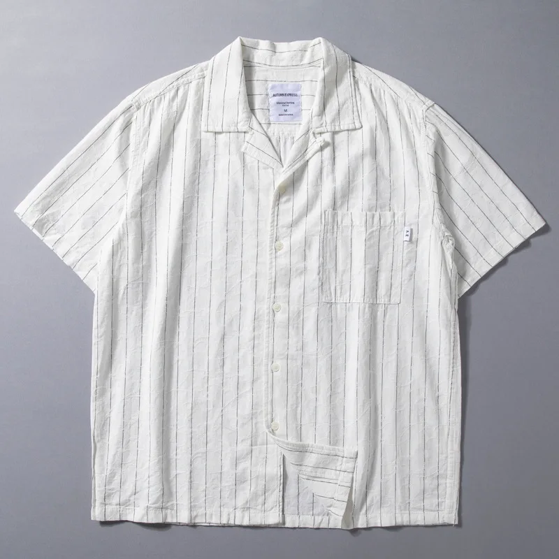 

Men's Cuban Collar Linen Shirt - Summer Japanese-Inspired Retro Hong Kong Style Striped Casual Short-Sleeve Shirt with Jacquard