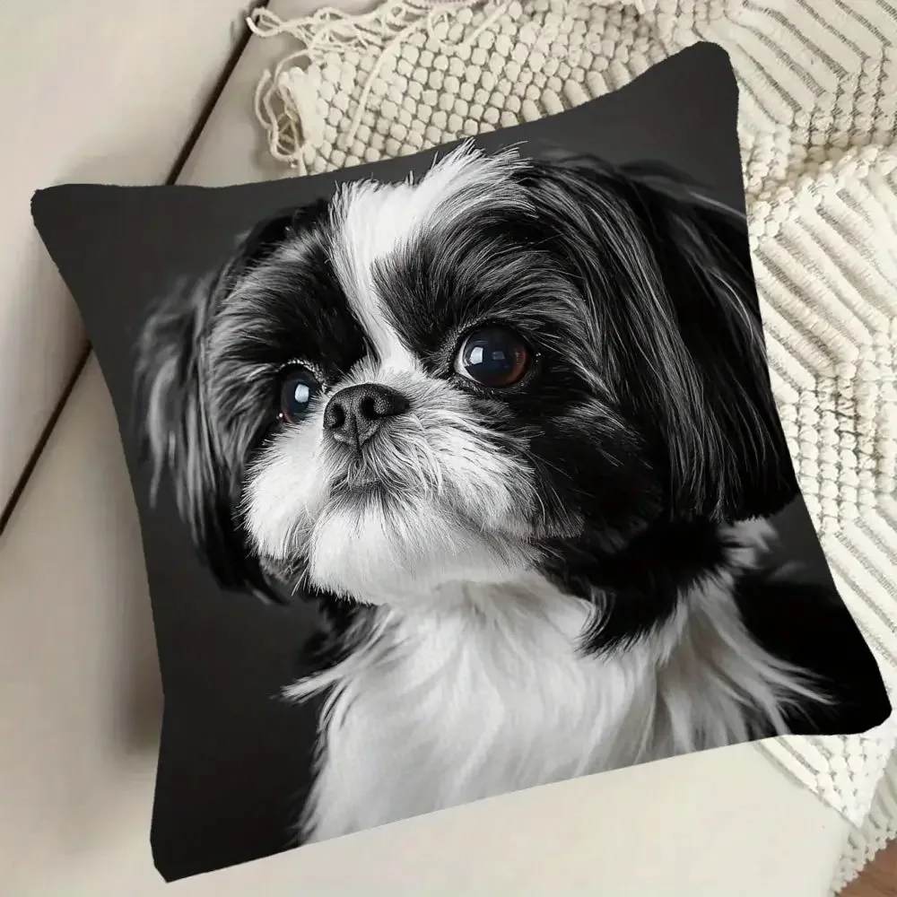 Cute Shih Tzu Dog Pillow Case Black White Puppy Cushion Cover Realistic Pet Portrait Home Decor for Sofa Bedroom Living RoomGift